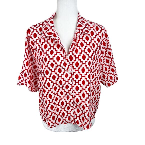 Shade & Shore Button Down Shirt Women Large Red White Graphic Short Sleeve Top - Picture 1 of 13